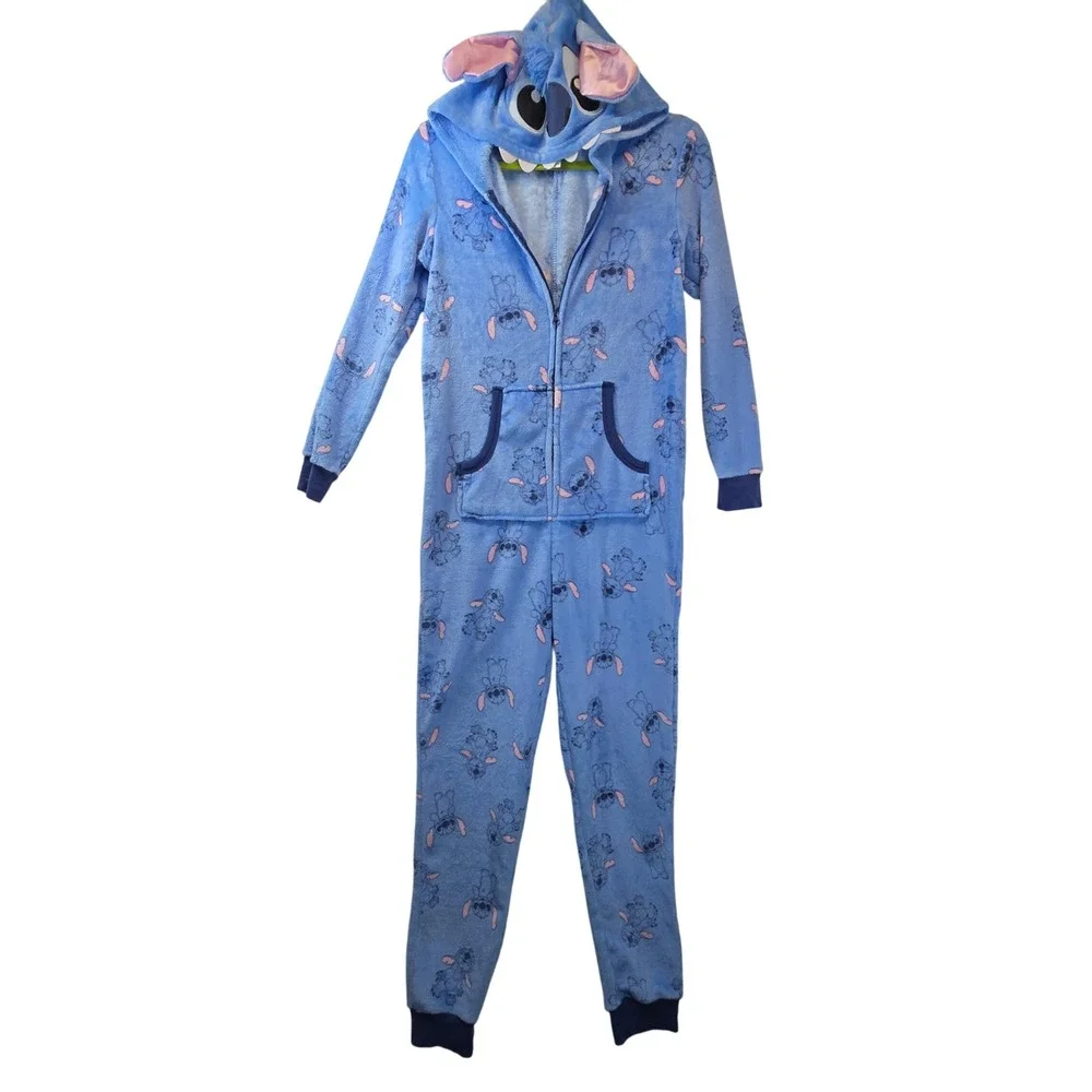 Disney Stitch One Piece Pajamas Sleepwear‎ Hooded Zip Up Adult XS Plush Lounge